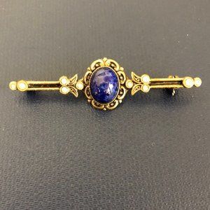 Bar Pin (Brooch): Gold Tone With Blue and Clear Stones Or Glass